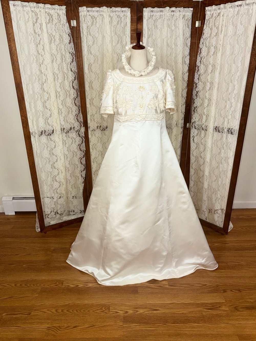 Beautiful Vintage 90s Ivory Satin Empire Waist Wedding Gown